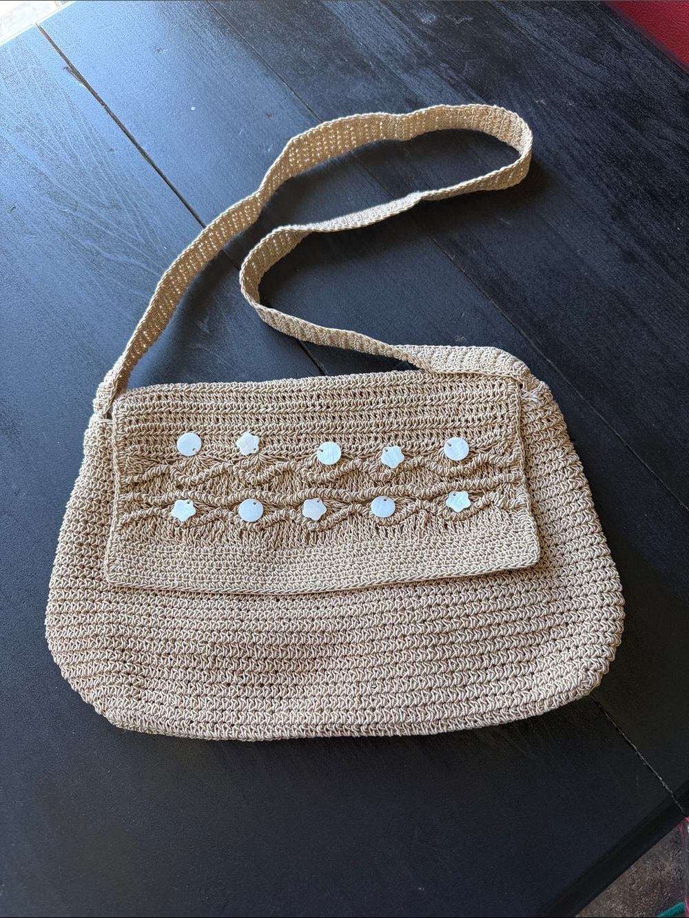 Beige Crochet Crossbody Bag with Shell Accent
